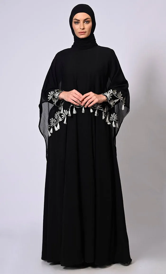 2 Pc Cape style Embroidered Black Abaya with Scalloped Edges and Tassels Detailing - Final Sale