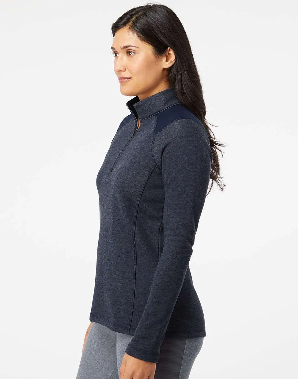 Adidas Ladies Heathered Quarter Zip Pullover with Colorblocked Shoulders