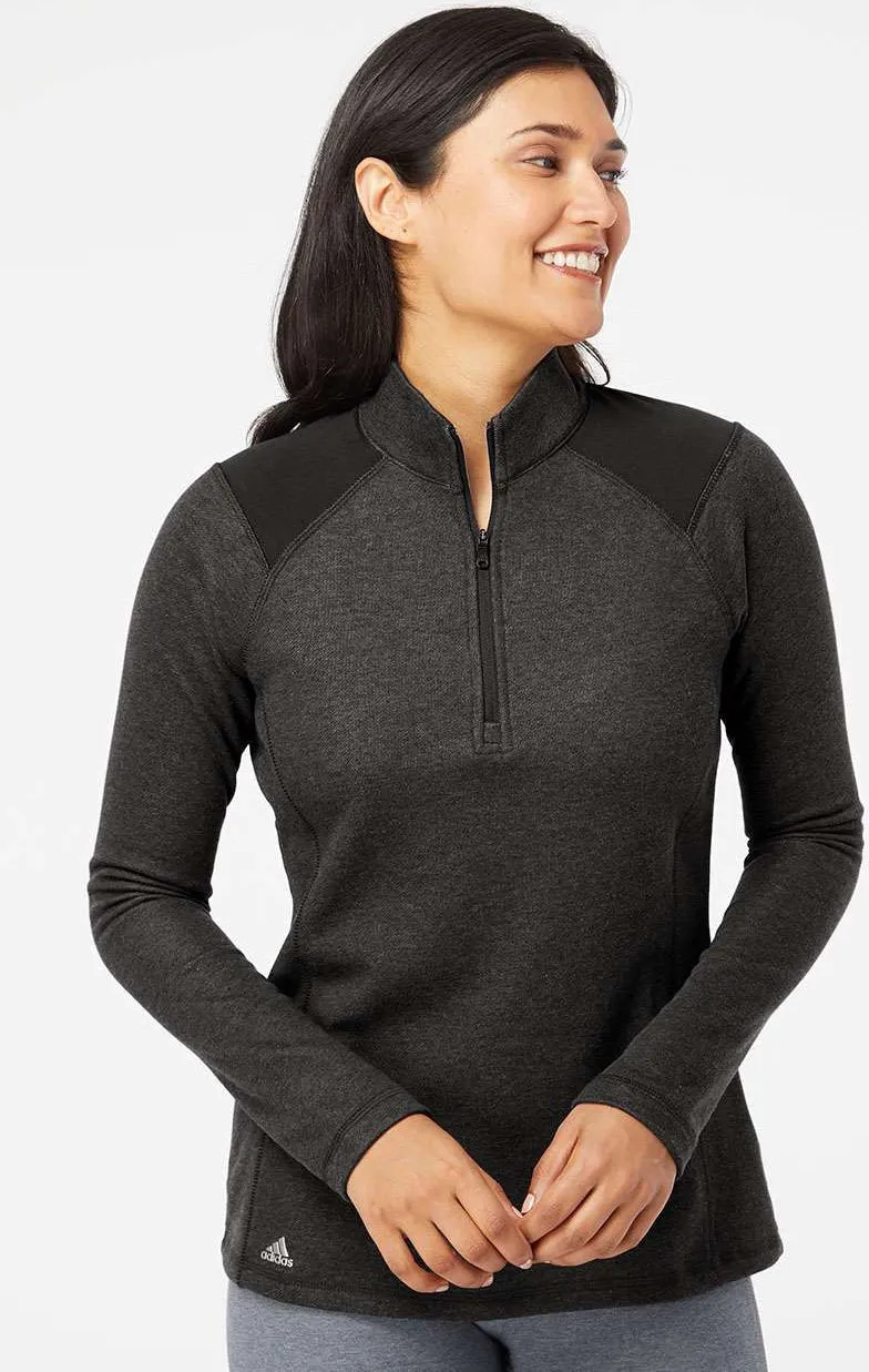 Adidas Ladies Heathered Quarter Zip Pullover with Colorblocked Shoulders