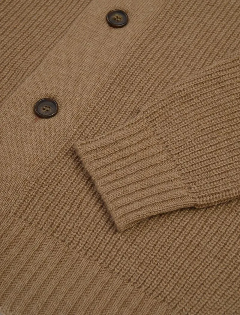 Beige Ribbed Shawl Neck Wool & Cashmere Cardigan