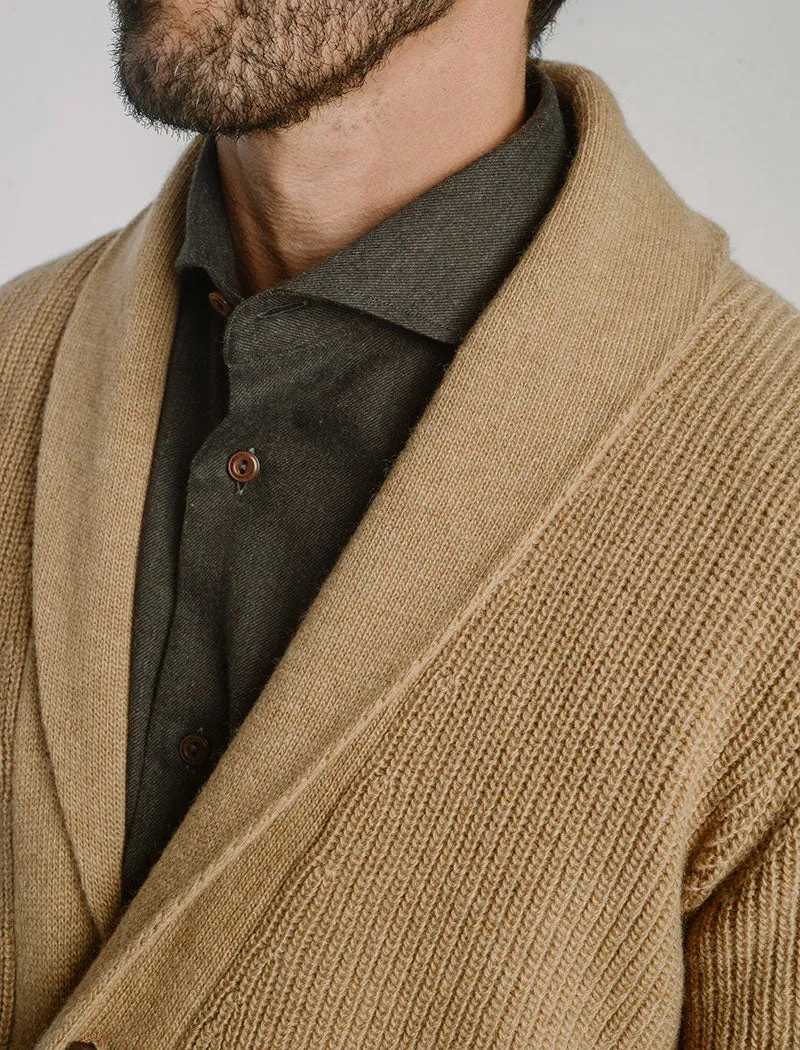 Beige Ribbed Shawl Neck Wool & Cashmere Cardigan