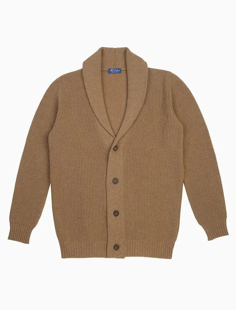 Beige Ribbed Shawl Neck Wool & Cashmere Cardigan