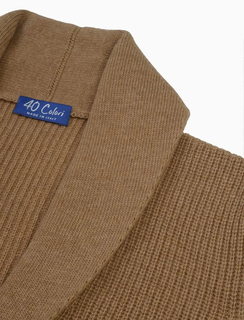 Beige Ribbed Shawl Neck Wool & Cashmere Cardigan