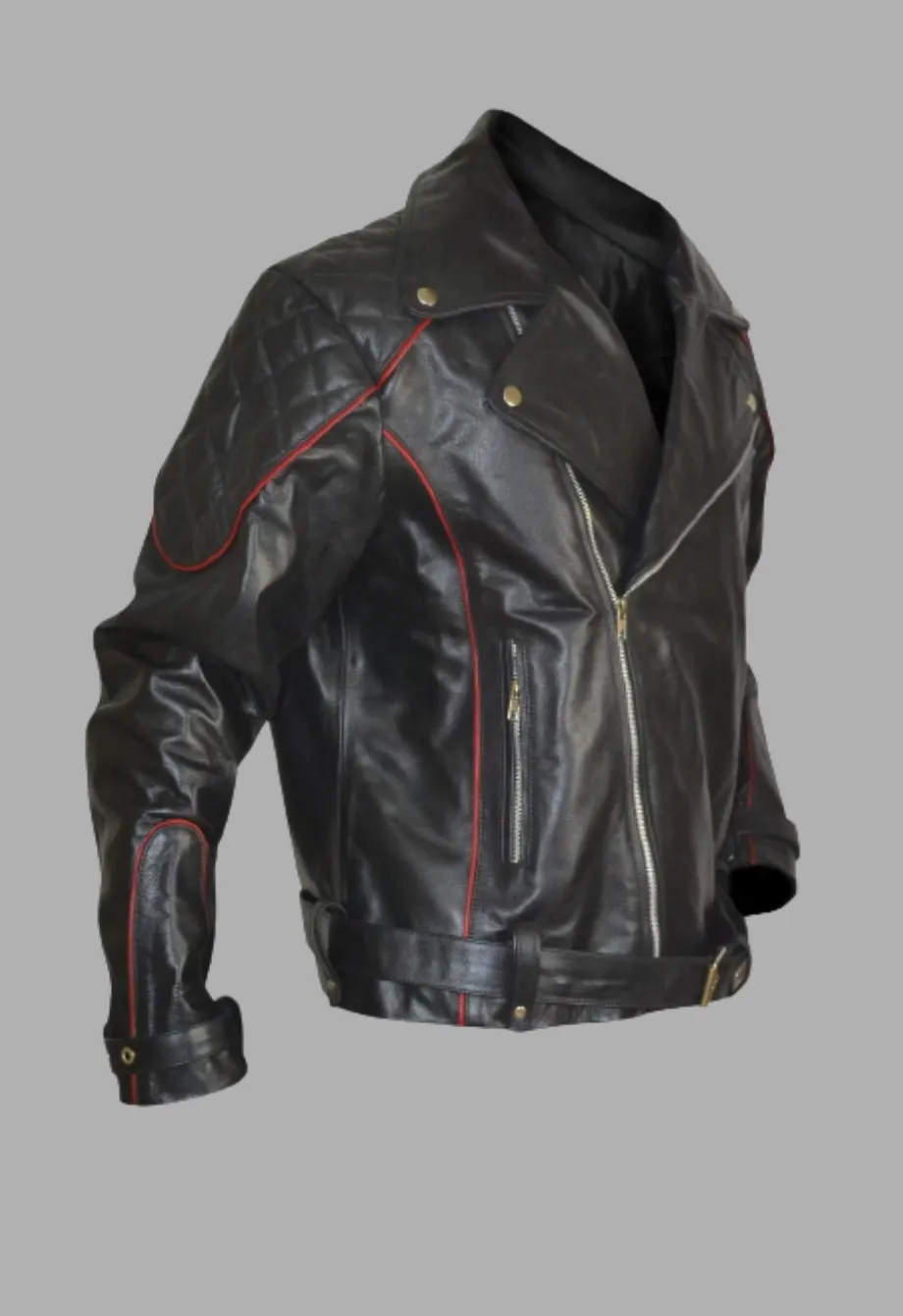 Black Leather Biker Jacket With Red Piping Design Men's