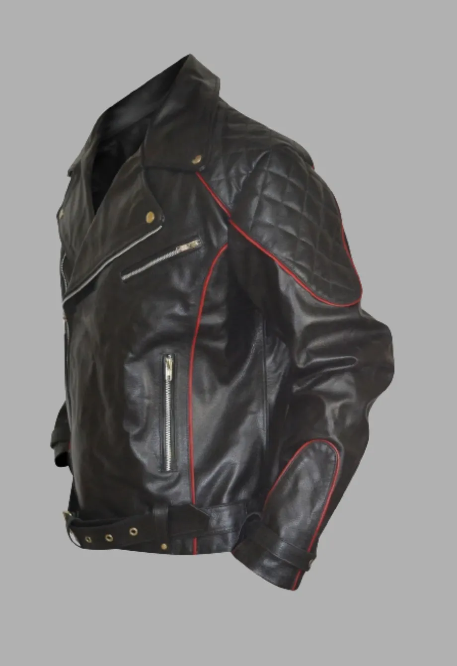 Black Leather Biker Jacket With Red Piping Design Men's