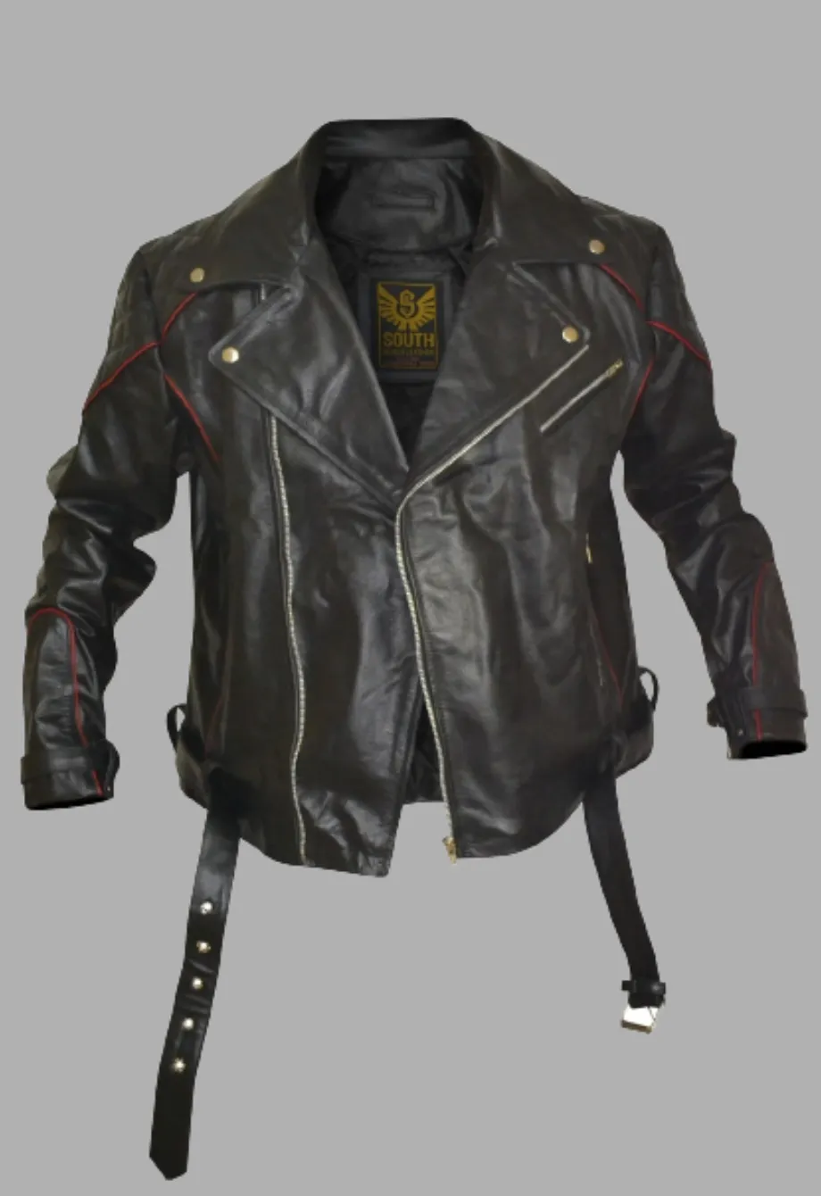 Black Leather Biker Jacket With Red Piping Design Men's