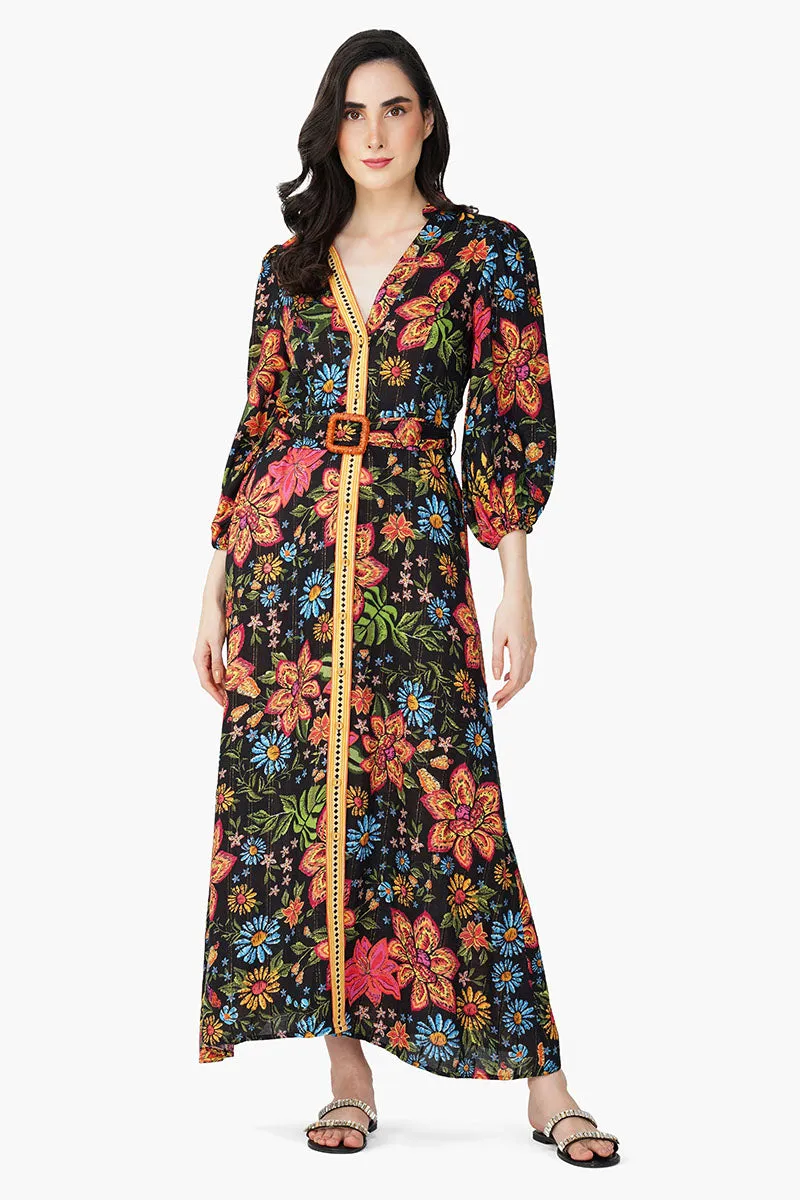 Black Multi Floret Shirt Dress