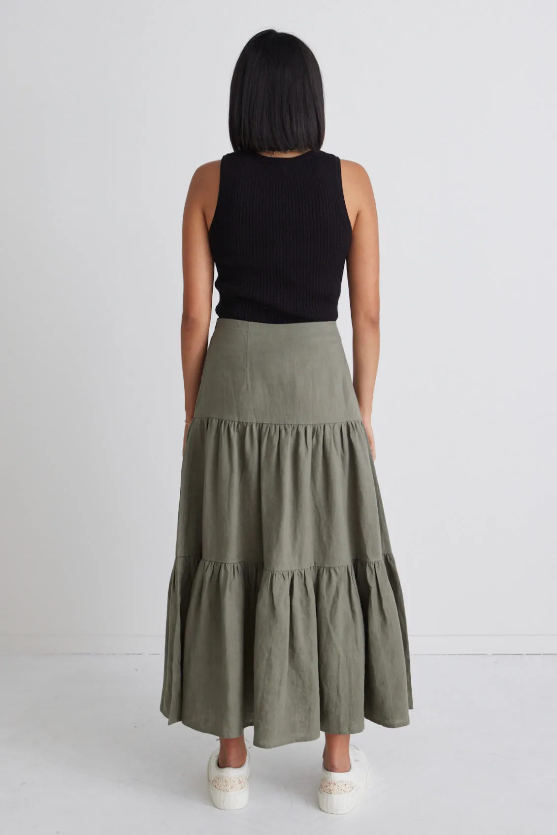 Blazing Moss Tiered Linen Midi Skirt