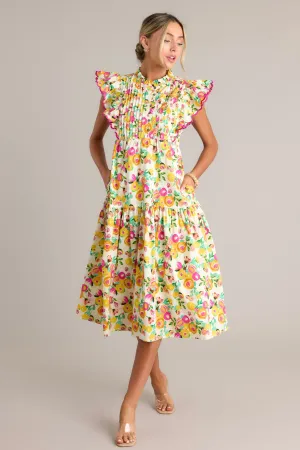 Blossoming Love 100% Cotton Yellow Floral Midi Dress