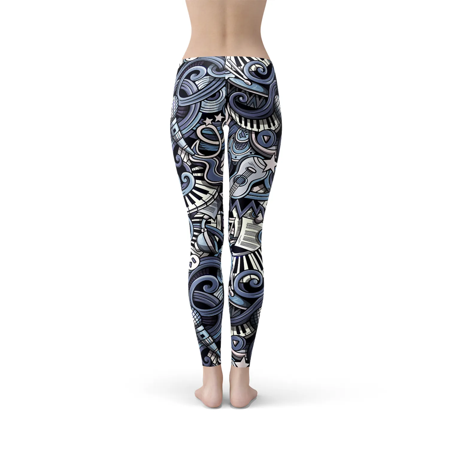 Blue Music-Themed Women's Graphic Leggings for Stylish Workouts