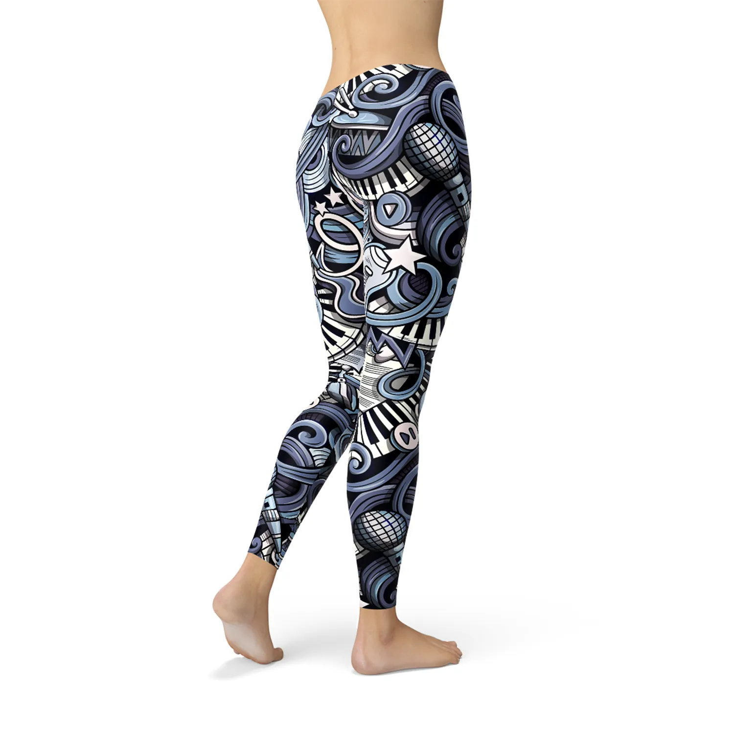 Blue Music-Themed Women's Graphic Leggings for Stylish Workouts