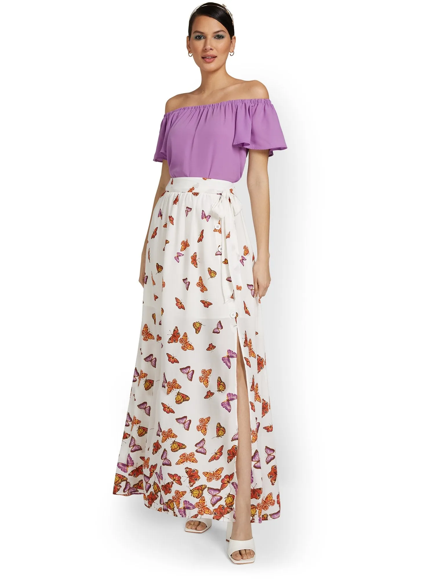 Butterfly-Print Tie-Waist Maxi Skirt