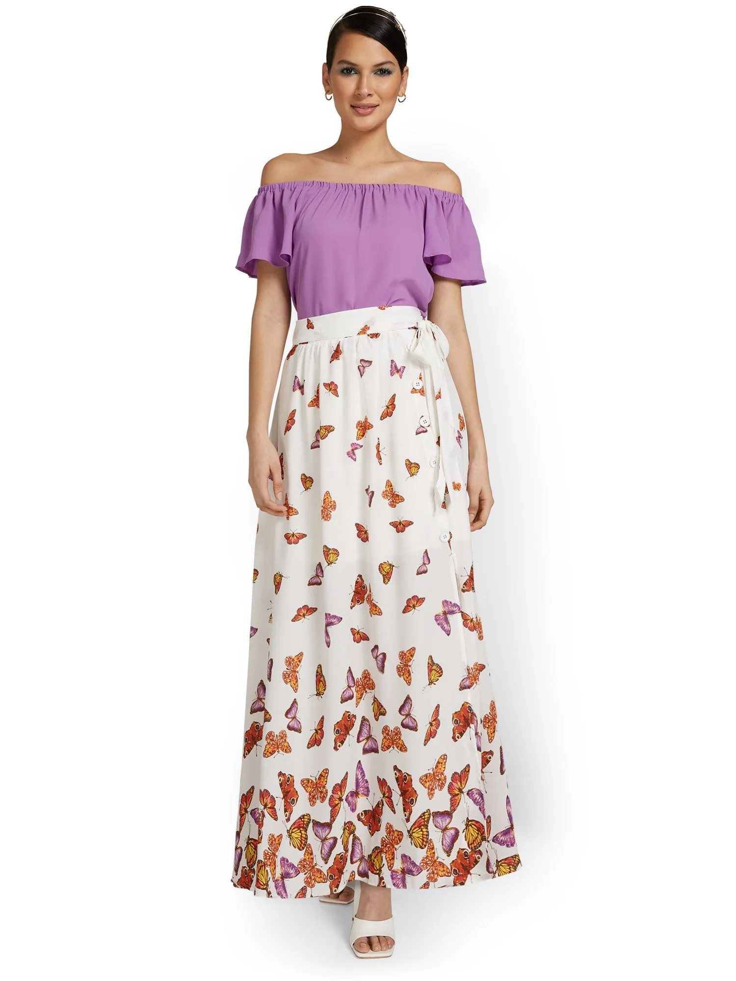 Butterfly-Print Tie-Waist Maxi Skirt