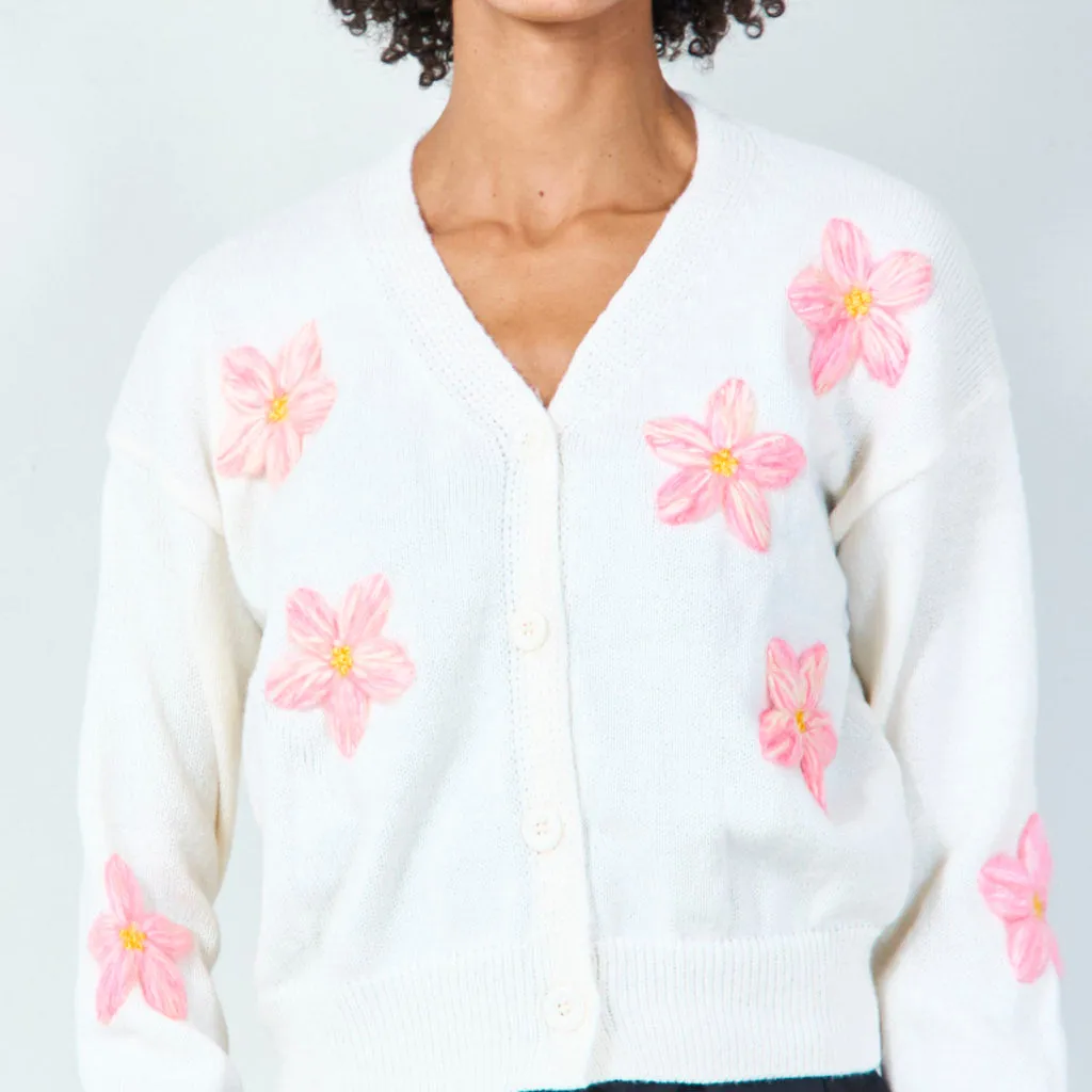 Button-up floral applique cardigan wholesale