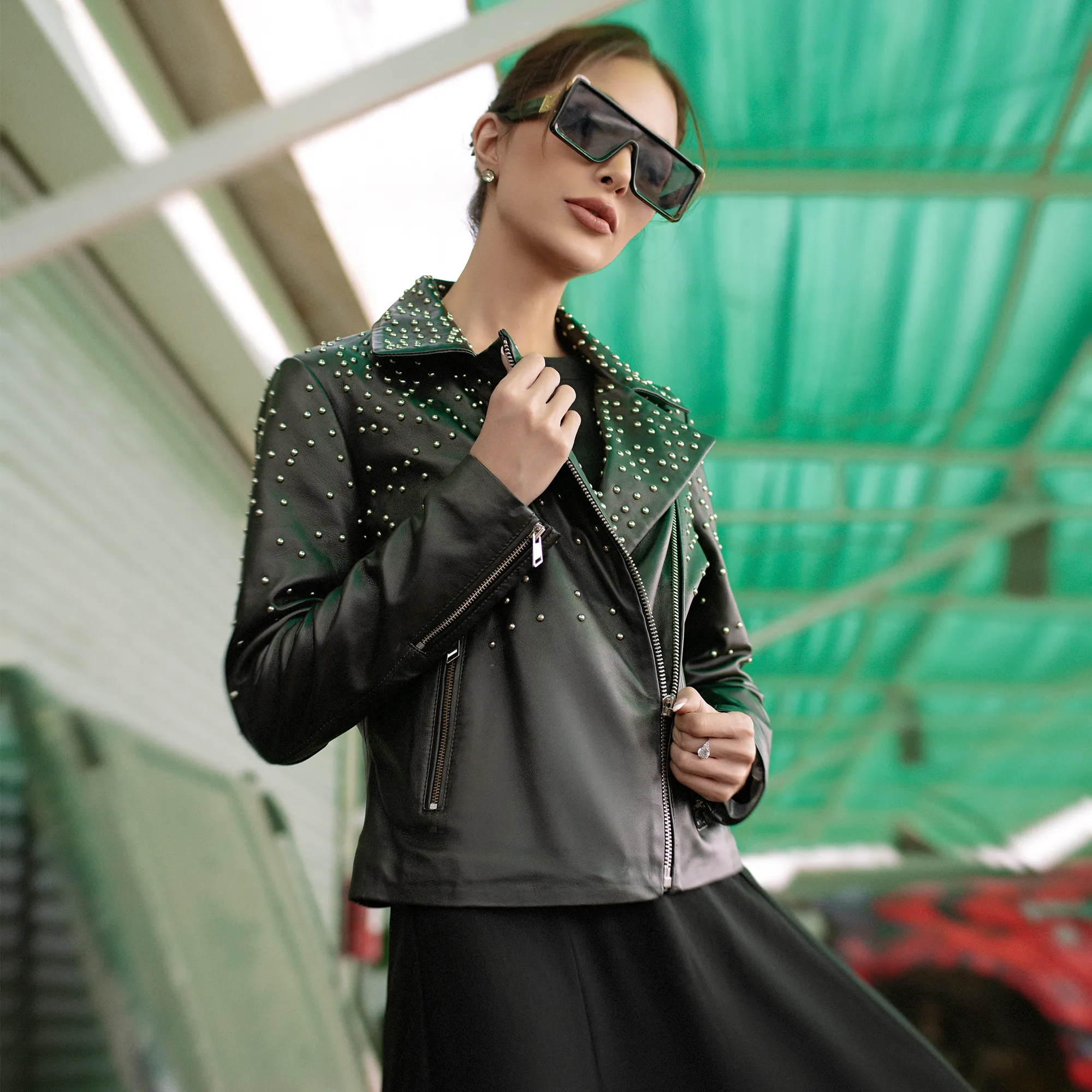 Classic Black Studded Perfecto Leather Jacket - Women