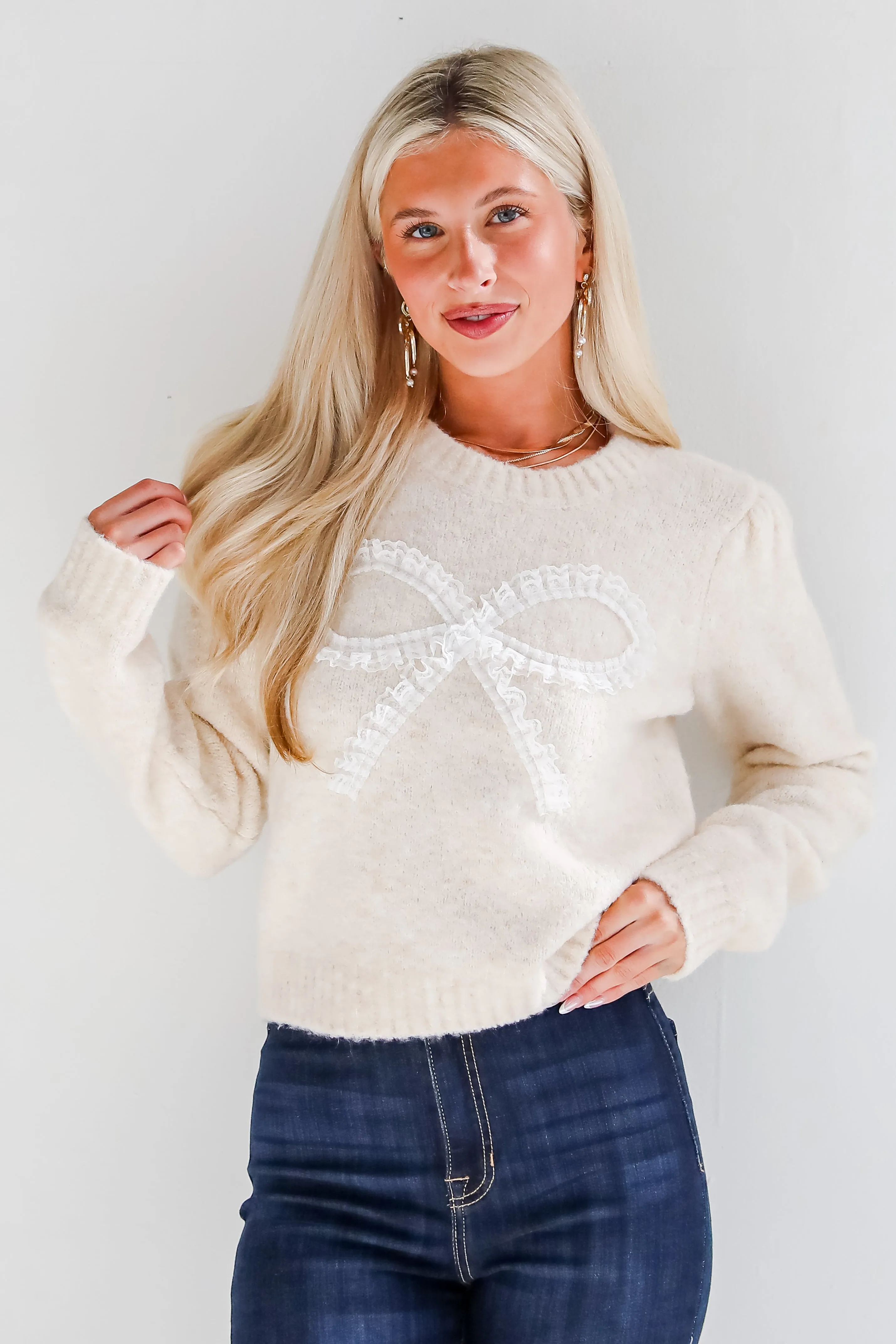 Constantly A Cutie Cream Lace Bow Sweater