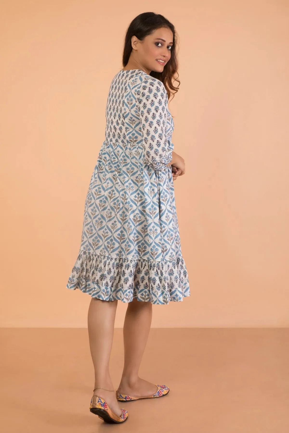 Double Print Rich Blue Hand Block Printed Flared Dress