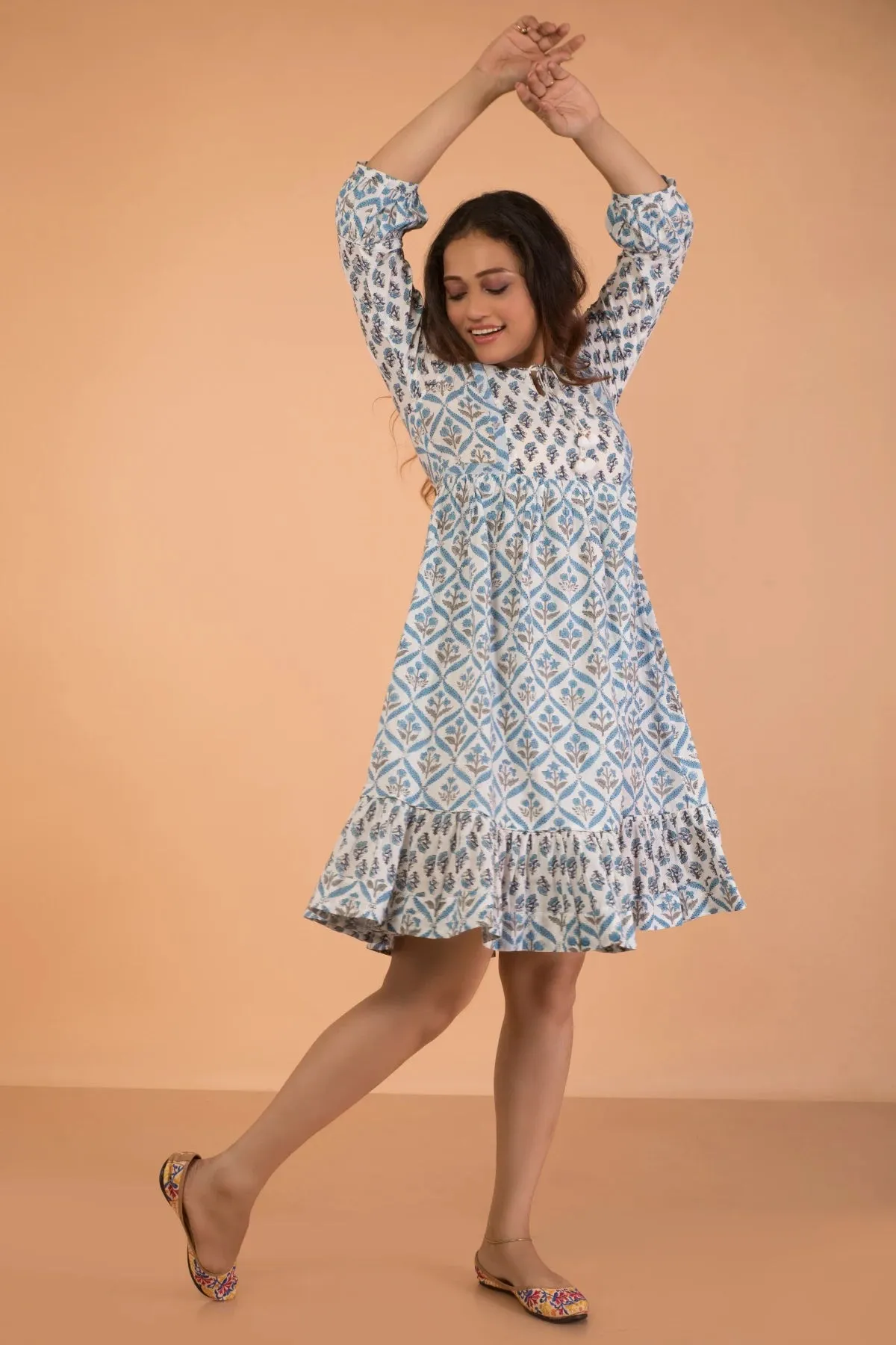 Double Print Rich Blue Hand Block Printed Flared Dress