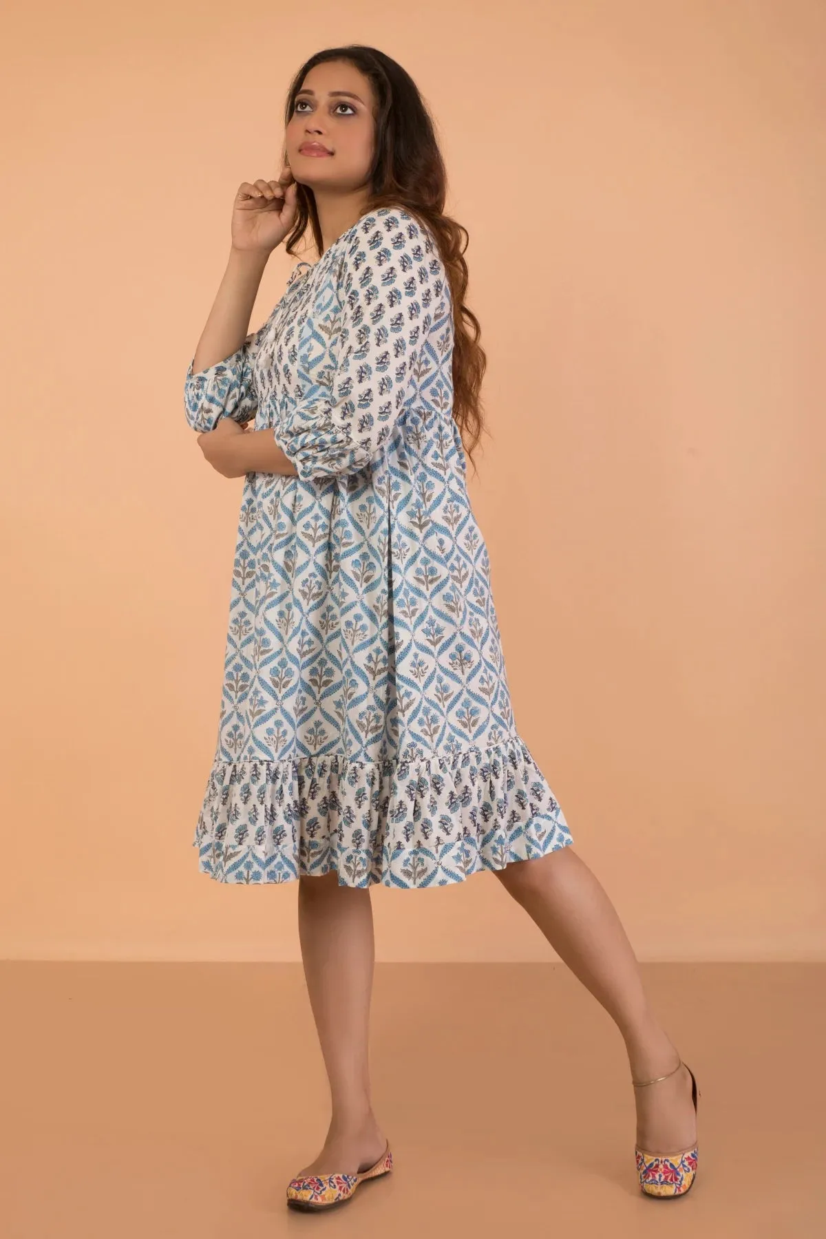 Double Print Rich Blue Hand Block Printed Flared Dress