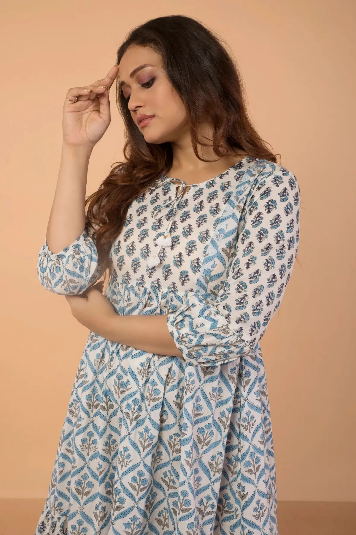 Double Print Rich Blue Hand Block Printed Flared Dress