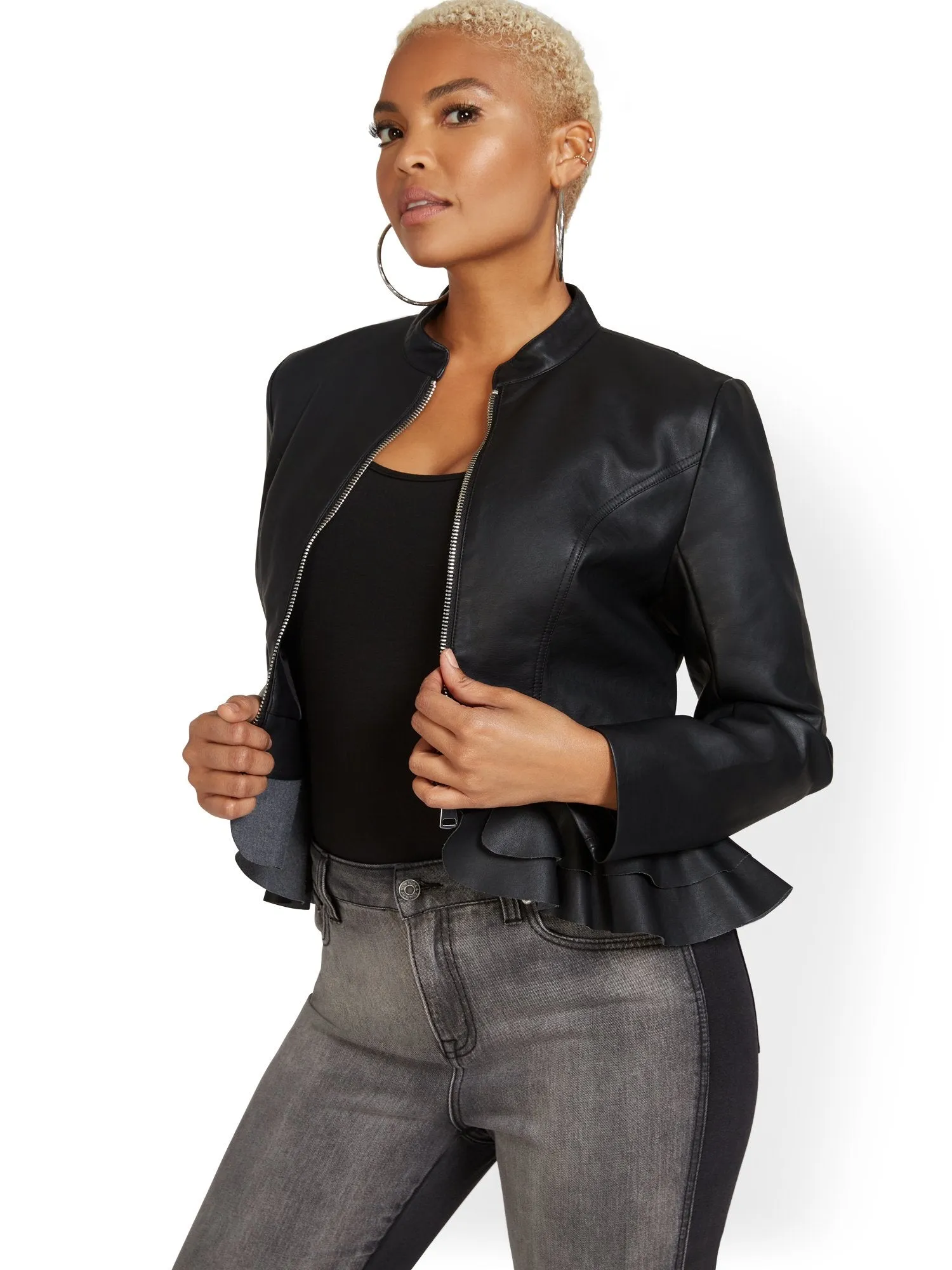 Faux-Leather Peplum Jacket