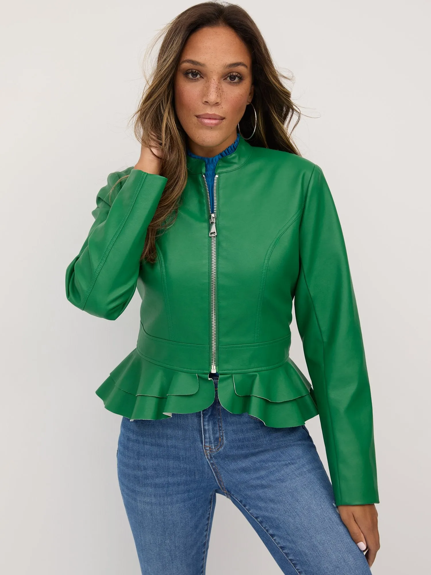 Faux-Leather Peplum Jacket