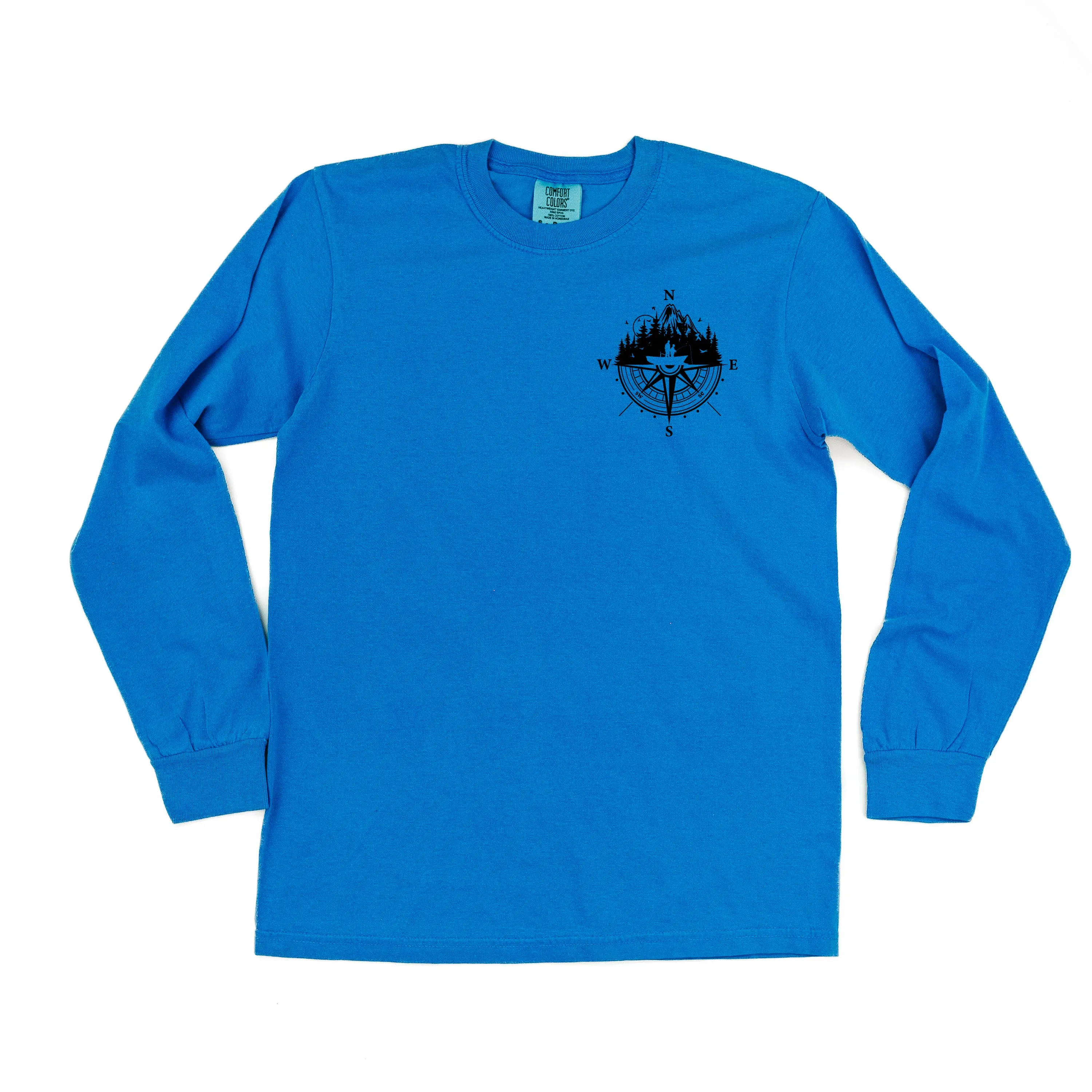 Fishing Compass Pocket Design on Front w/ Fishing Scene on Back - LONG SLEEVE COMFORT COLORS TEE