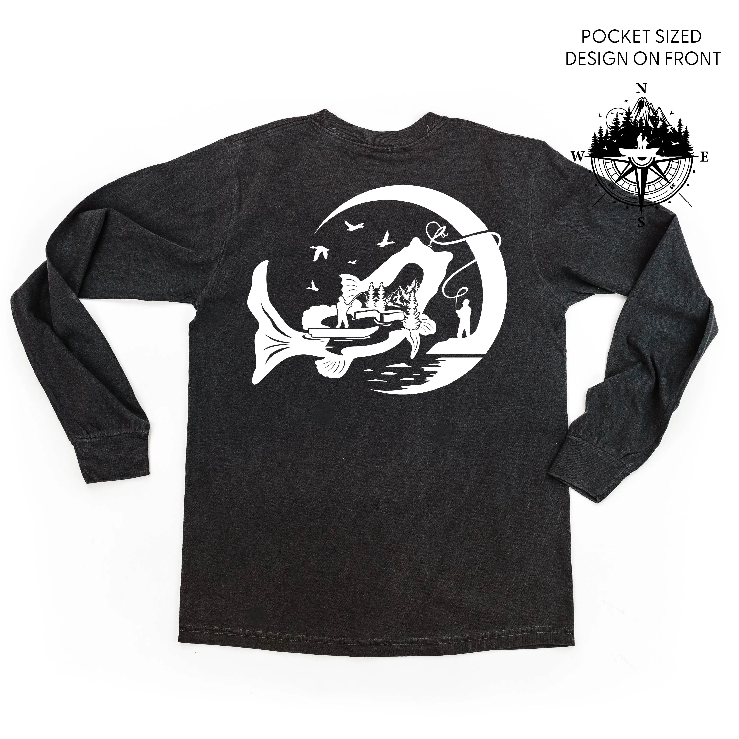 Fishing Compass Pocket Design on Front w/ Fishing Scene on Back - LONG SLEEVE COMFORT COLORS TEE