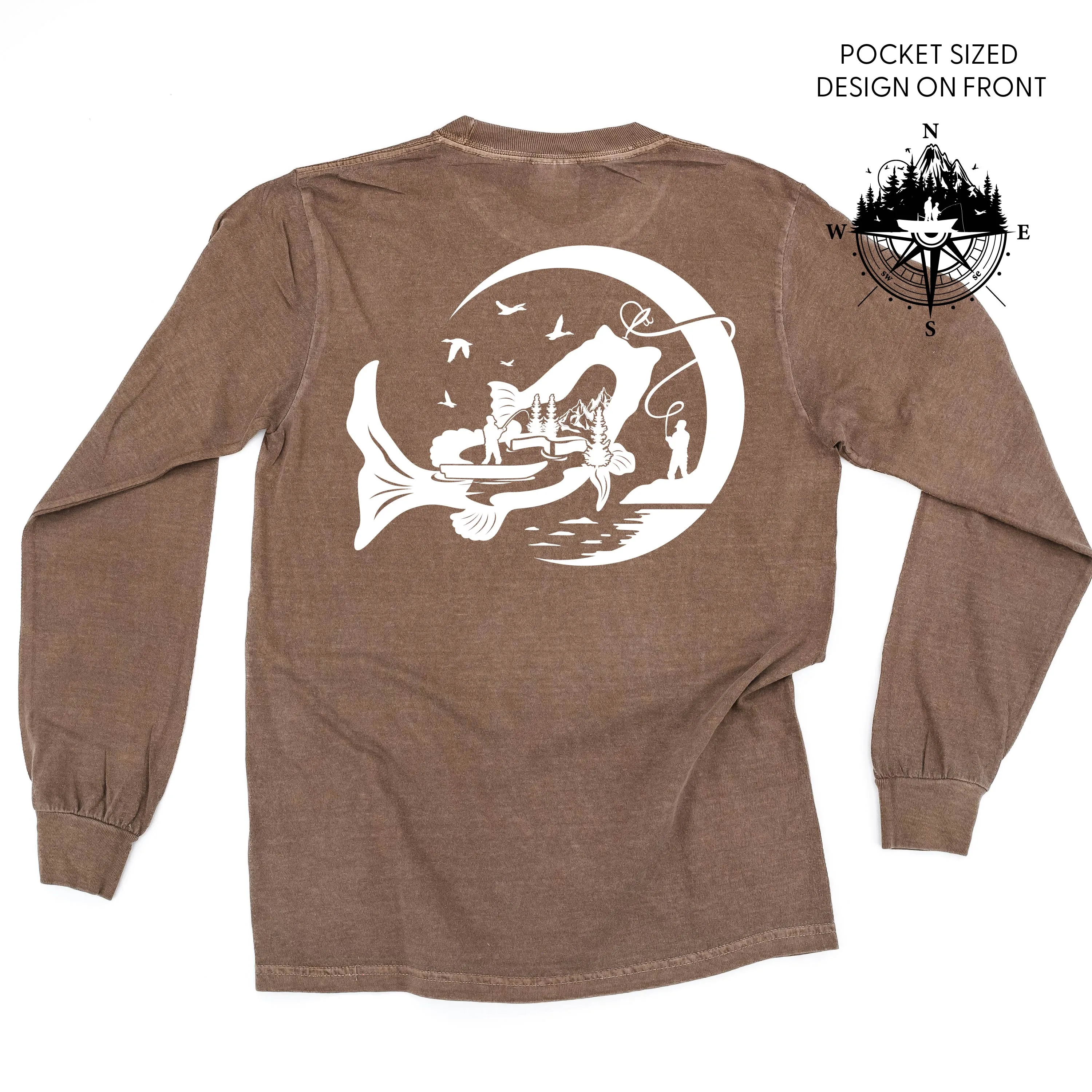 Fishing Compass Pocket Design on Front w/ Fishing Scene on Back - LONG SLEEVE COMFORT COLORS TEE