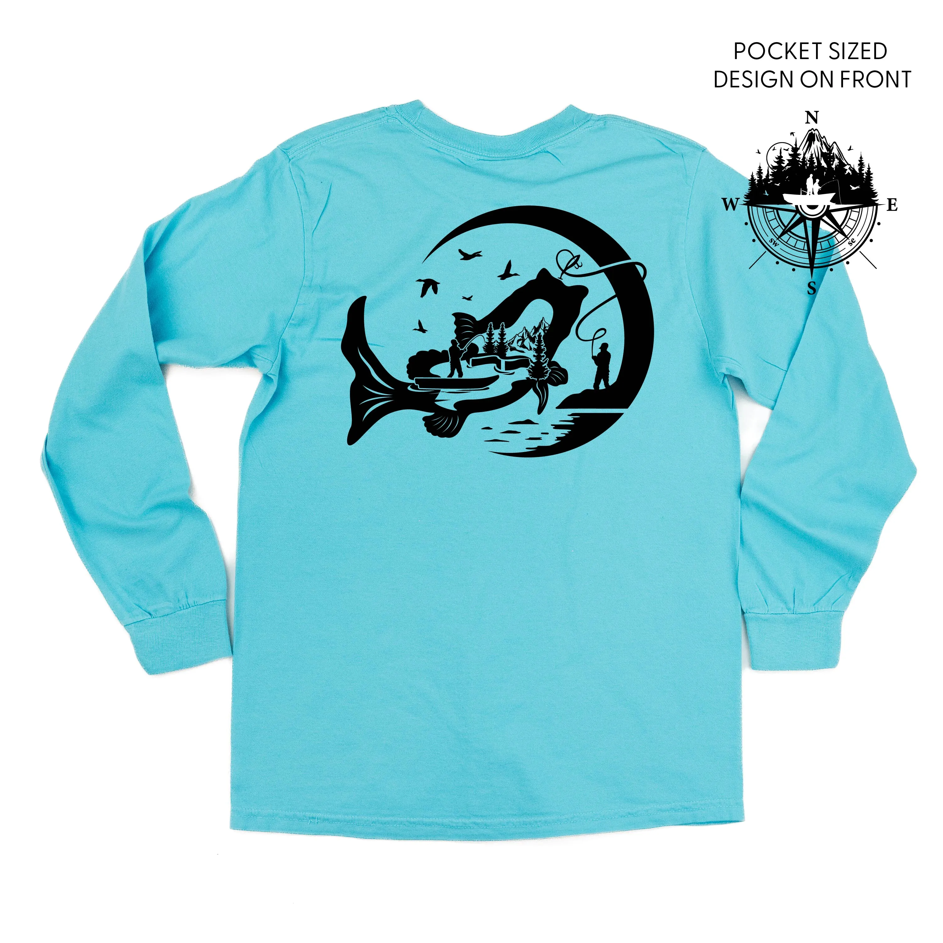 Fishing Compass Pocket Design on Front w/ Fishing Scene on Back - LONG SLEEVE COMFORT COLORS TEE