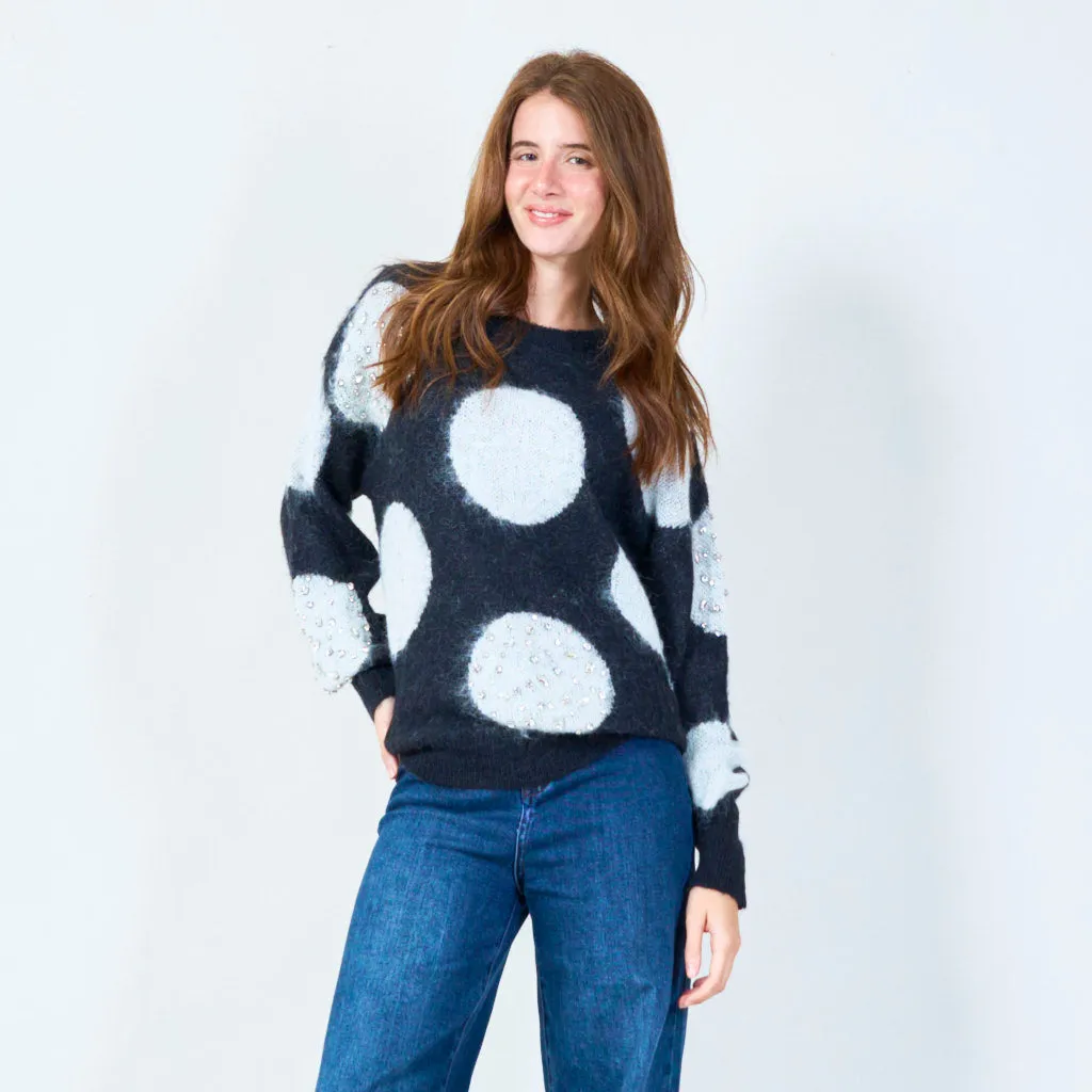 Fuzzy polka dot sweater with embellishments wholesale