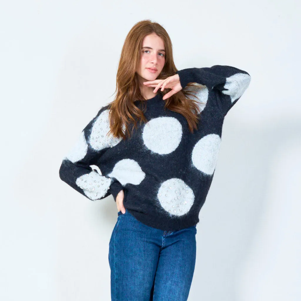 Fuzzy polka dot sweater with embellishments wholesale