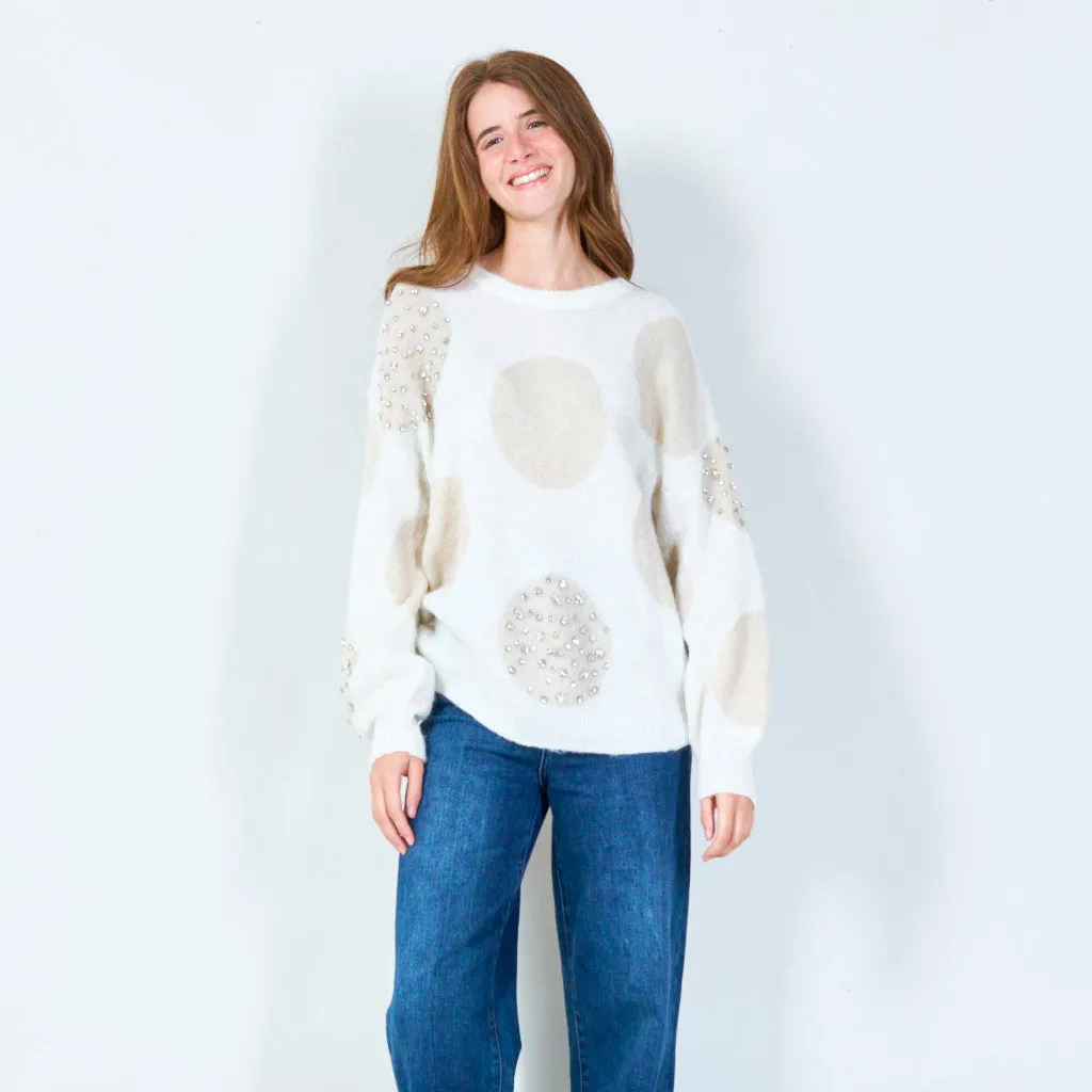 Fuzzy polka dot sweater with embellishments wholesale