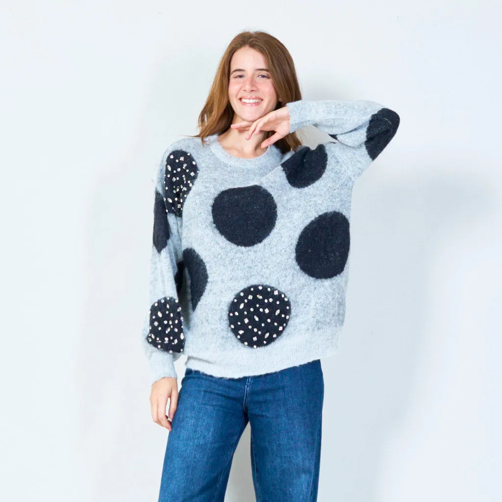 Fuzzy polka dot sweater with embellishments wholesale