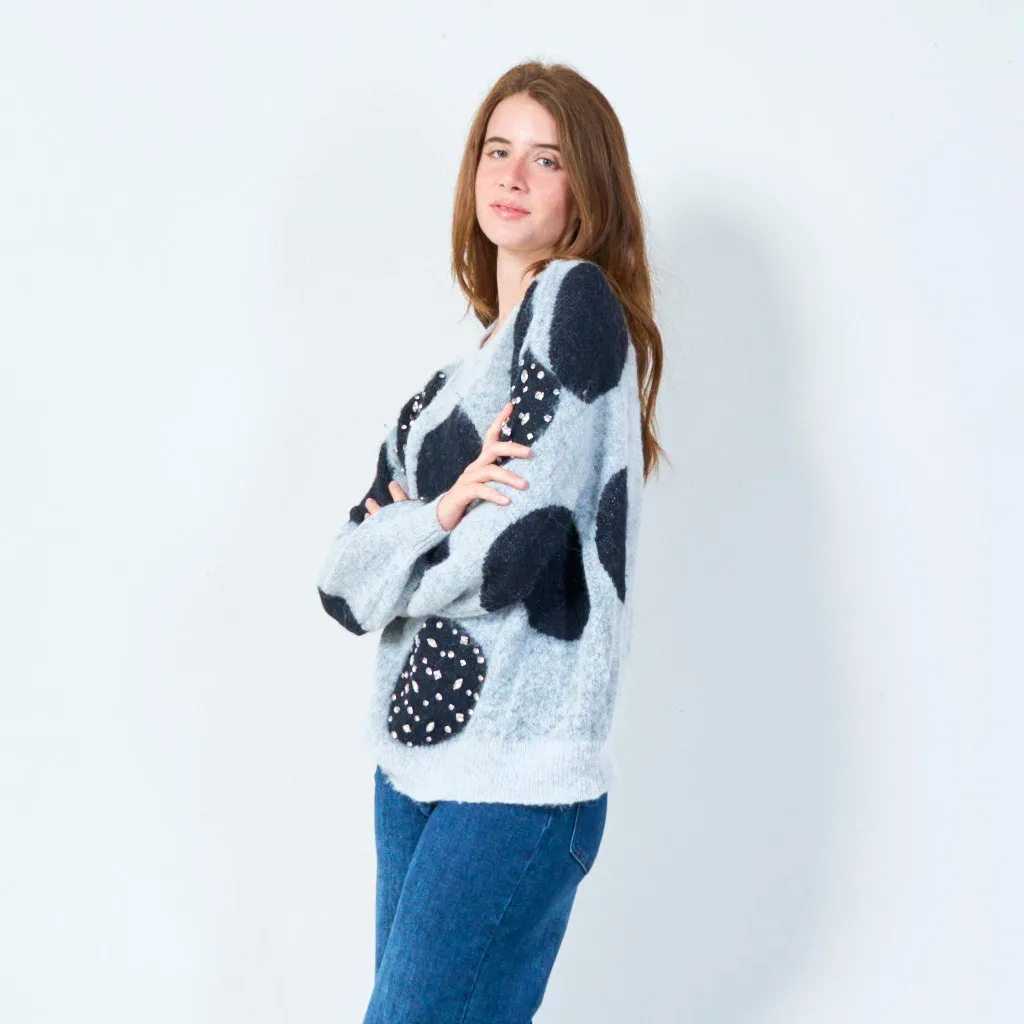 Fuzzy polka dot sweater with embellishments wholesale