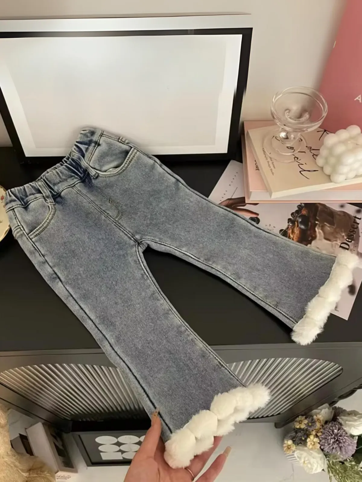 Girls Fashionable Denim Pants with Fur Trim