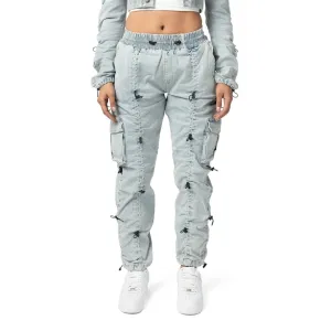 High Rise Multi Bungee Cargo Denim Joggers - Speckle Blue