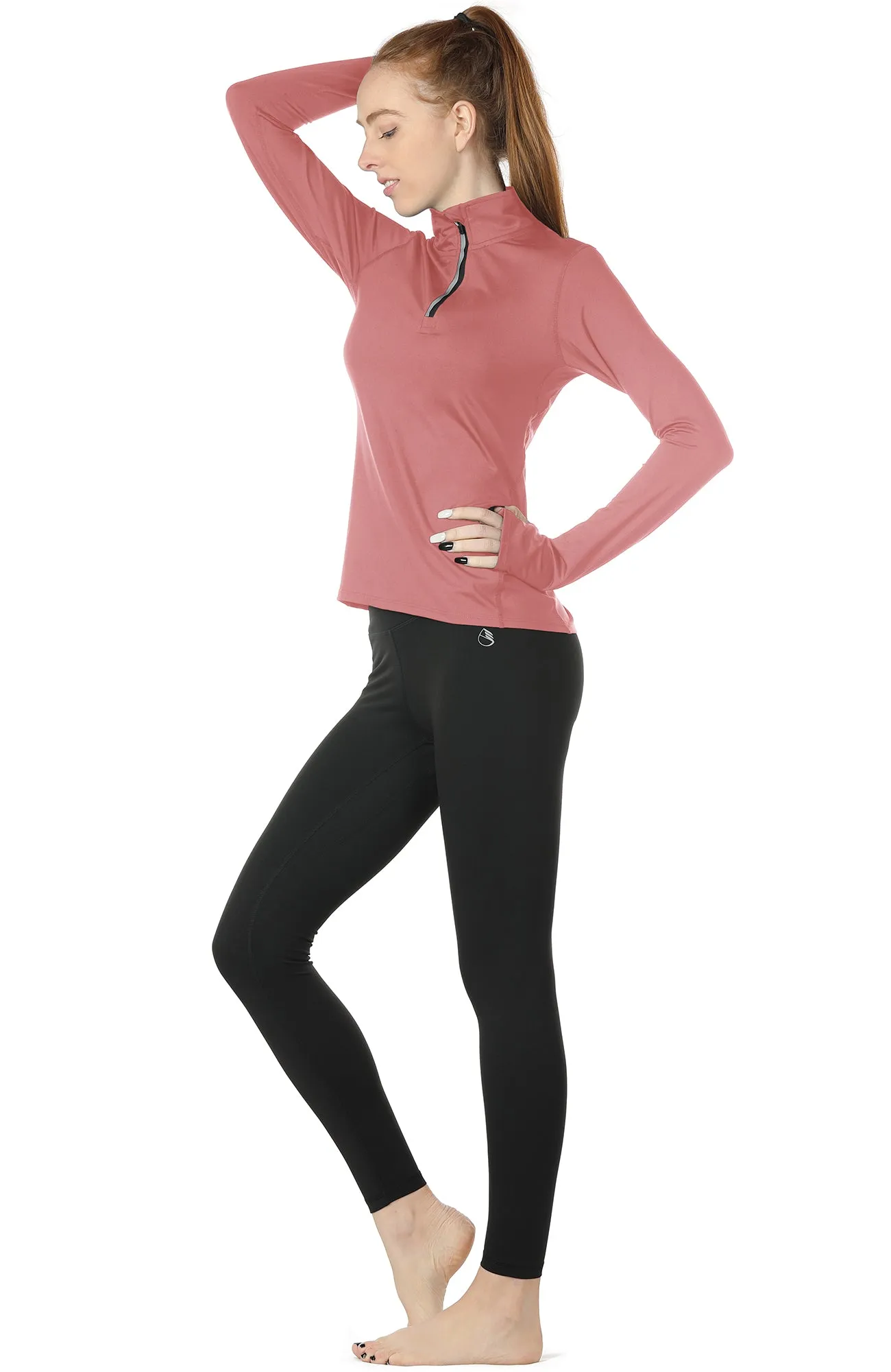 icyzone Workout Long Sleeve Shirts for Women - Yoga Running Tops Quarter Zip Pullover Exercise T-Shirts with Thumb Holes