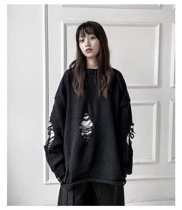 Joskaa Tawaaiw Winter Autumn Women Sweater Broken Hole Knitted Sweater Oversize Warm Loose Jumpers Punk Vintage O Neck Pullovers 2024