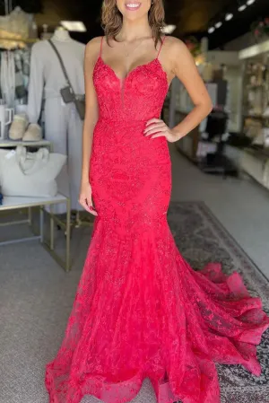 Kanika | Hot Pink V Neck Mermaid Lace Prom Dresses