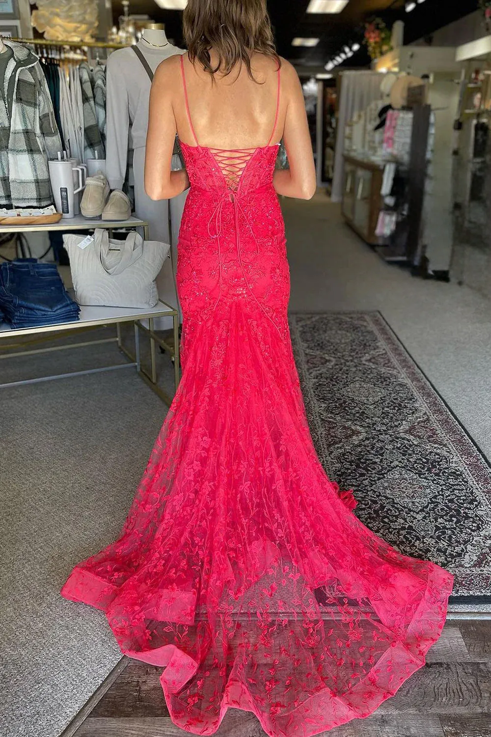 Kanika | Hot Pink V Neck Mermaid Lace Prom Dresses