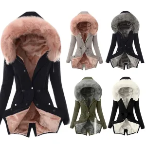 Ladies Fur Lining Coat Women Winter Warm Thick Long Jacket Hooded Overcoat