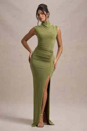 Lanetta | Olive Ruched High-Neck Maxi Dress With Split