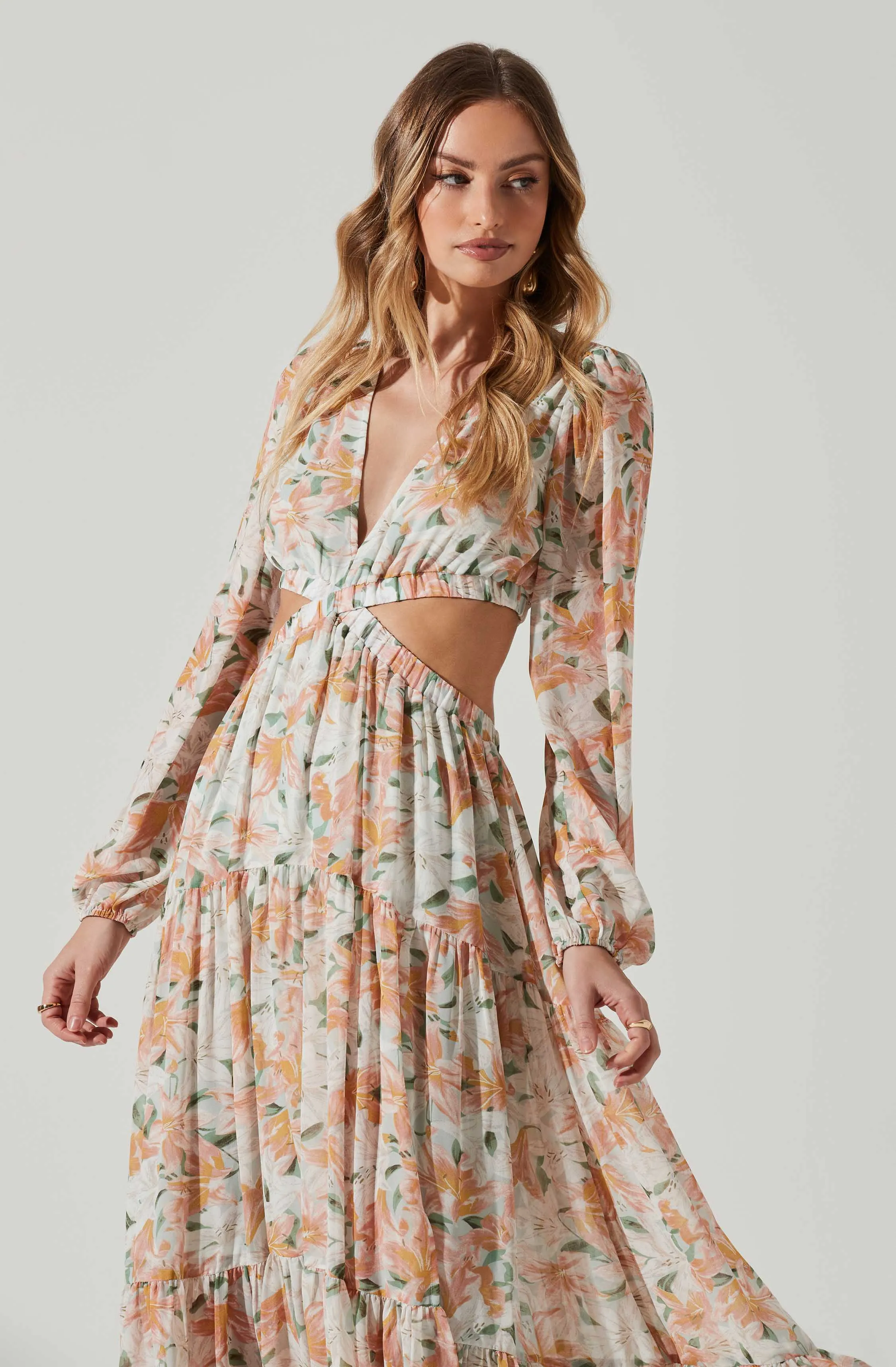 Lively Floral Cutout Long Sleeve Maxi Dress