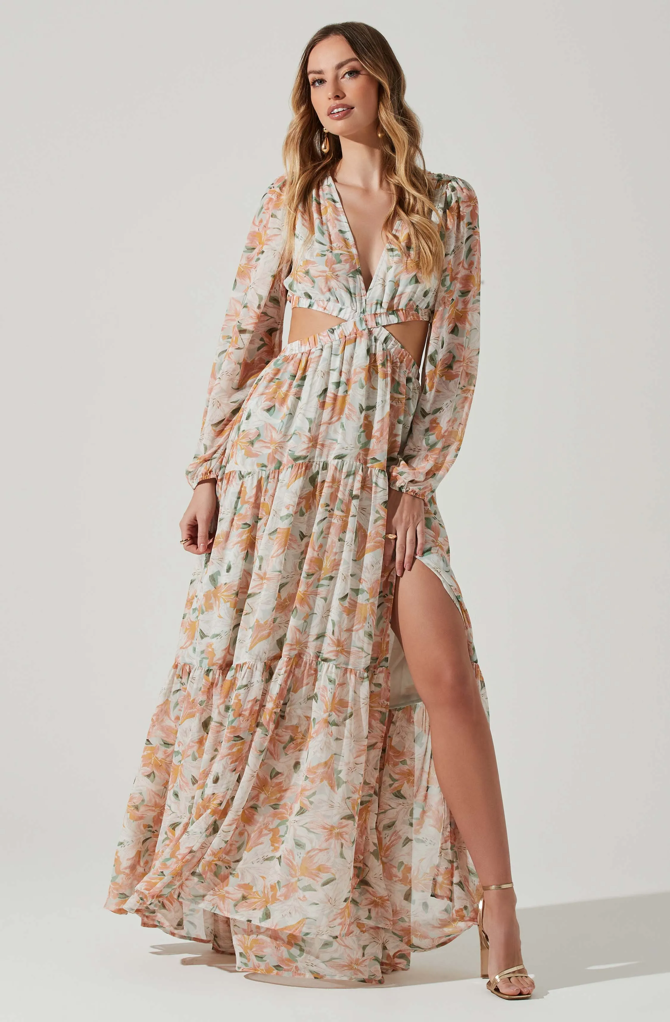 Lively Floral Cutout Long Sleeve Maxi Dress