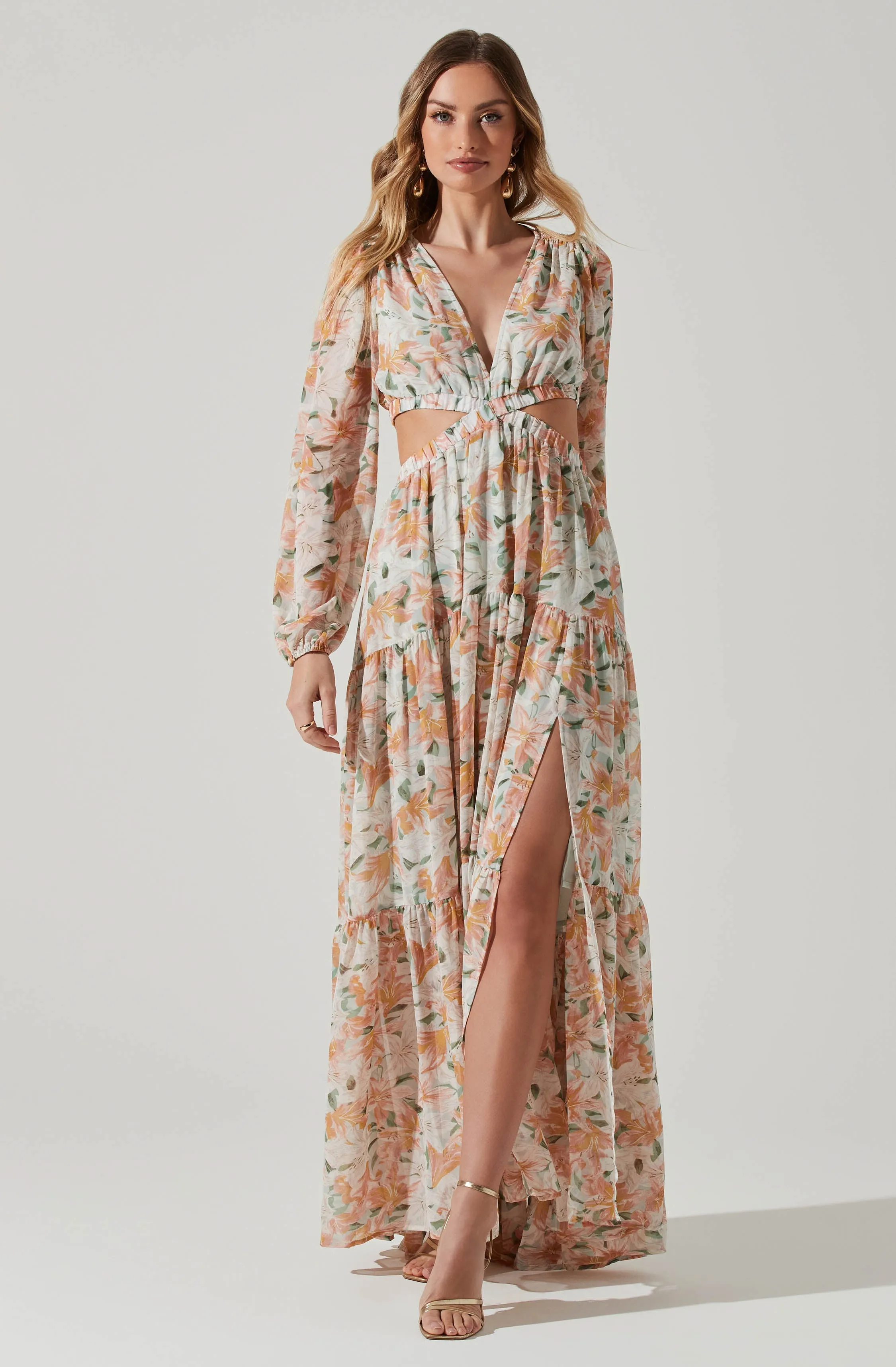 Lively Floral Cutout Long Sleeve Maxi Dress