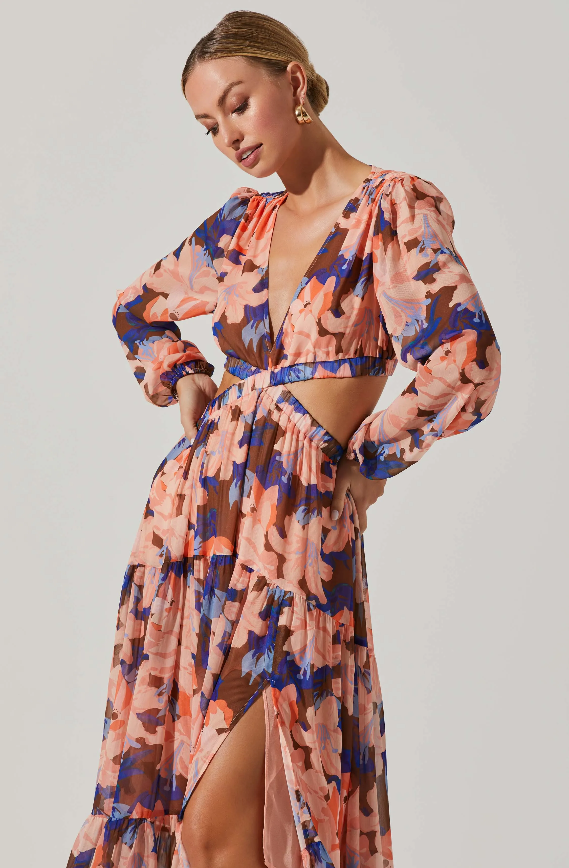 Lively Floral Cutout Long Sleeve Maxi Dress