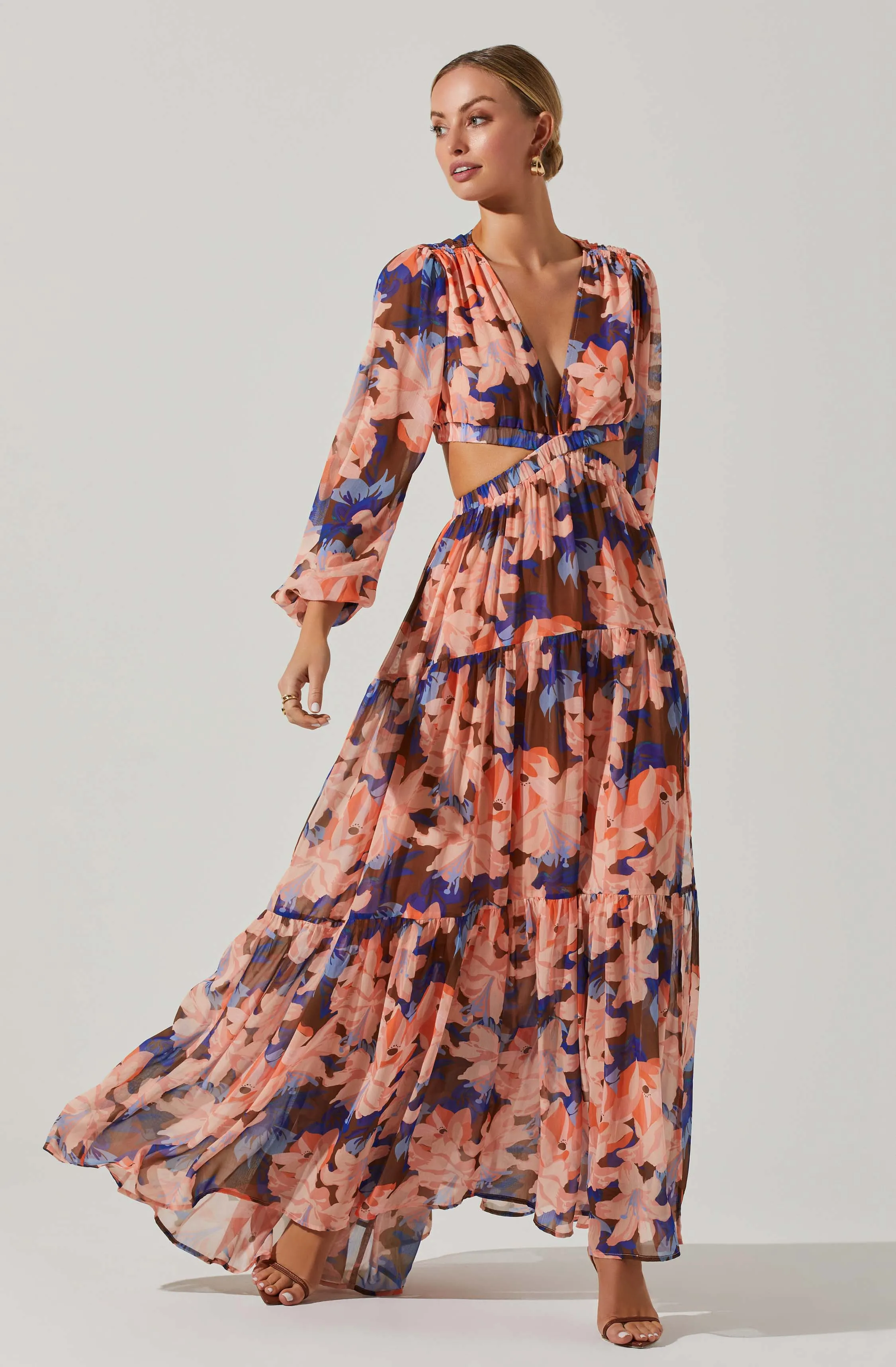 Lively Floral Cutout Long Sleeve Maxi Dress