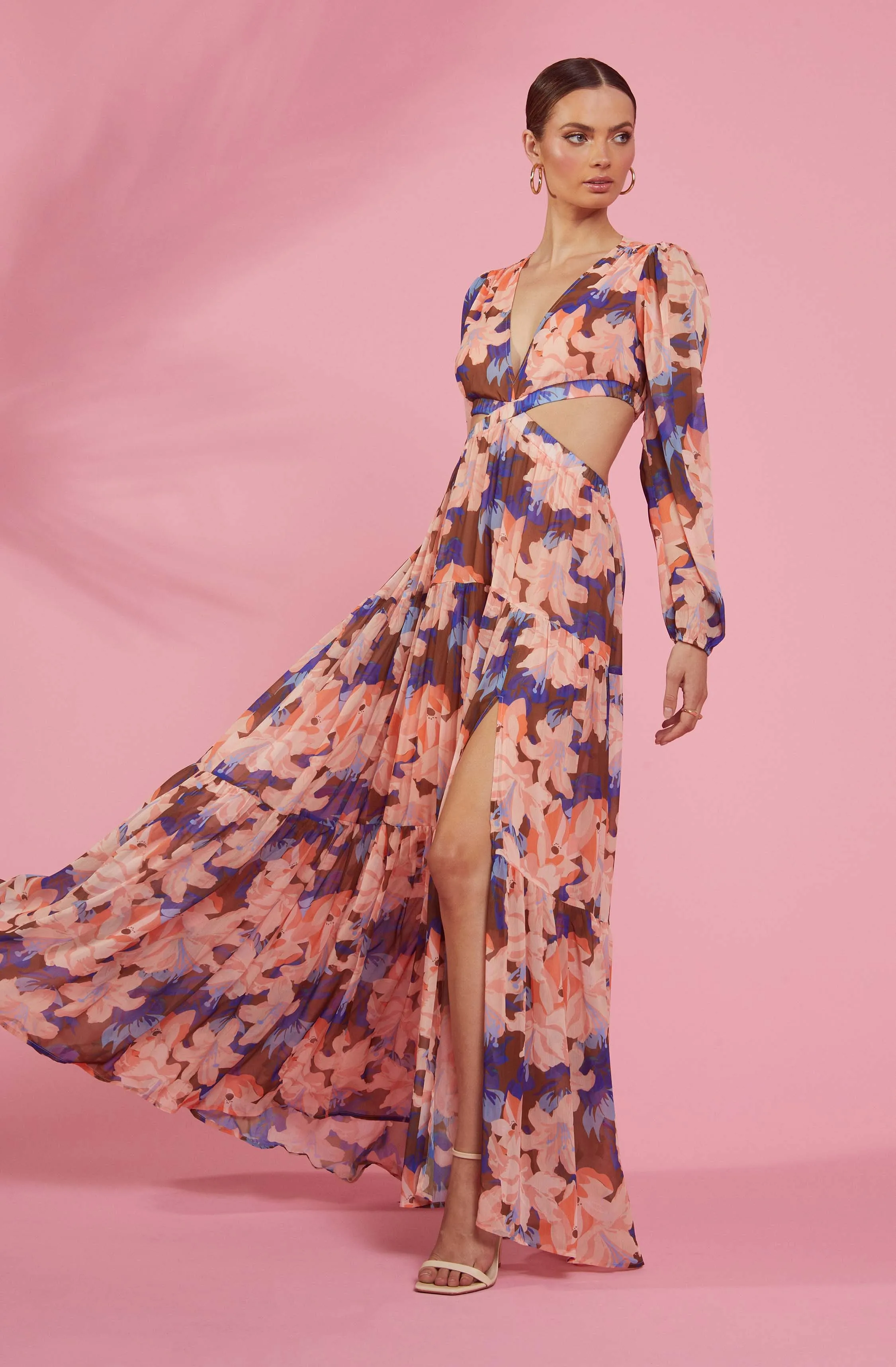 Lively Floral Cutout Long Sleeve Maxi Dress