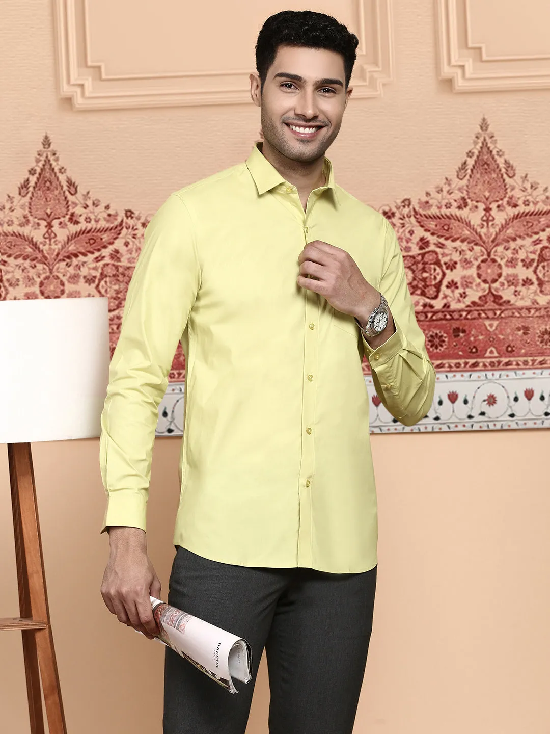 Men Cotton Spandex Shirt 2 Way Stretch Yellow LY3